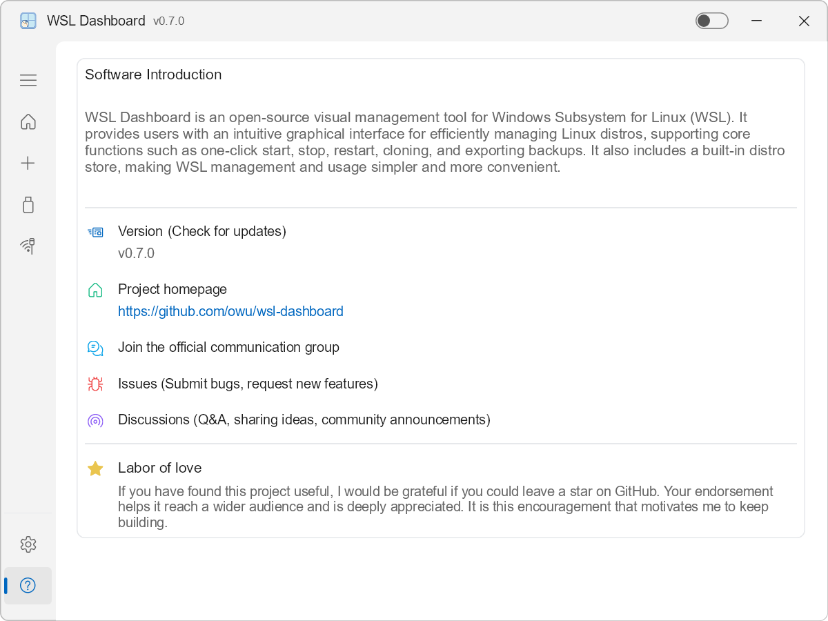 WSL Dashboard About