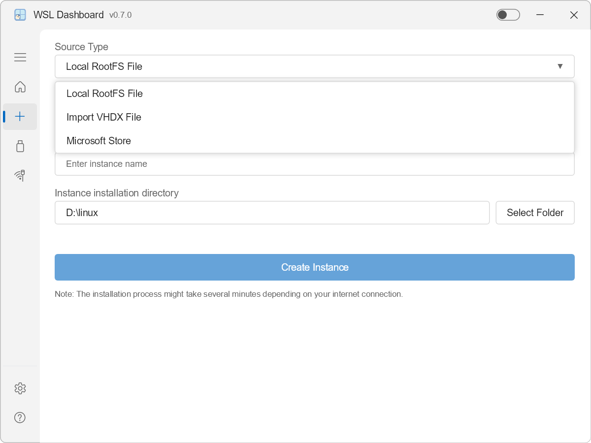 WSL Dashboard Add Instance