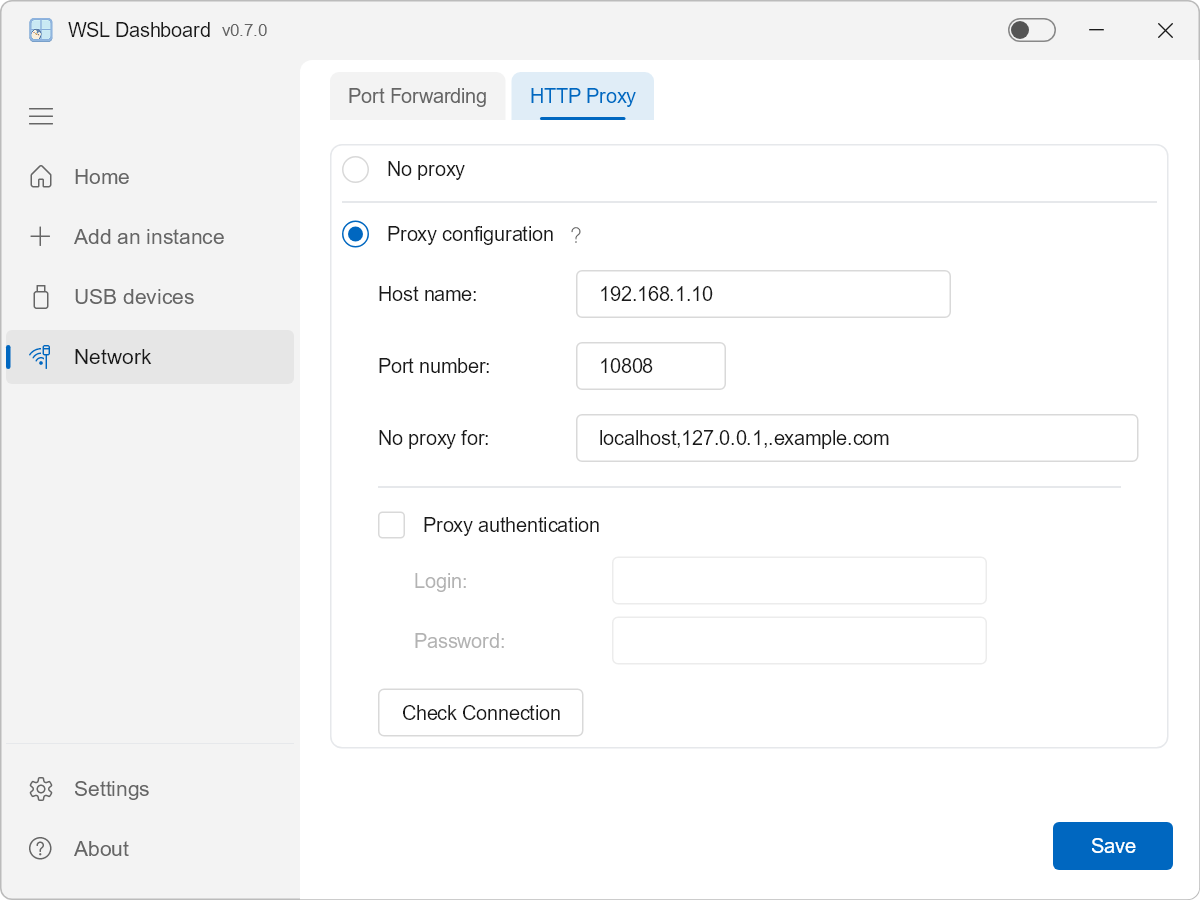 WSL Dashboard HTTP Proxy
