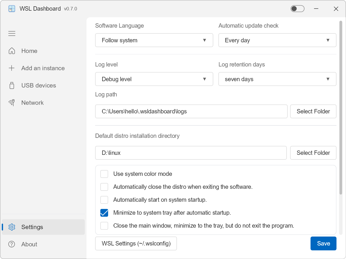 WSL Dashboard Settings